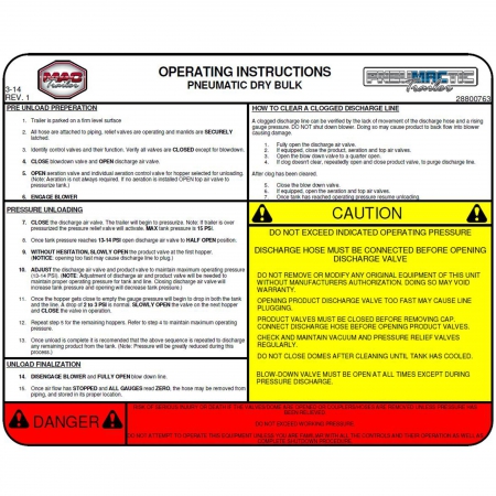 DECAL OPERATING INSTRUCTIONS, DRY BULK TANKER