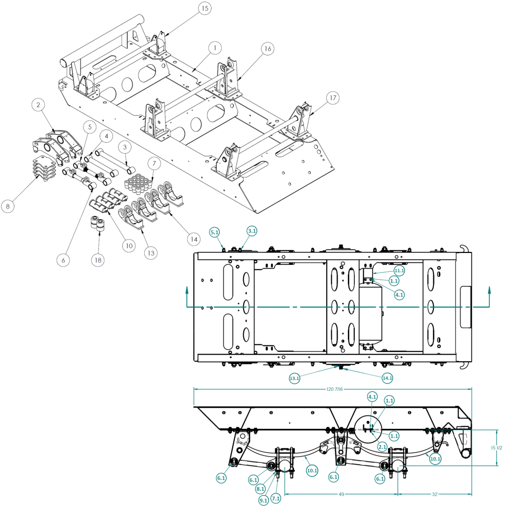 58018866-15, HIGH TENSILE FAB ASSEMBLY, SPRING RIDE 15" GALVANIZED SINGLE LEAF 102" WIDE W/ BOLT-ON HANGERS