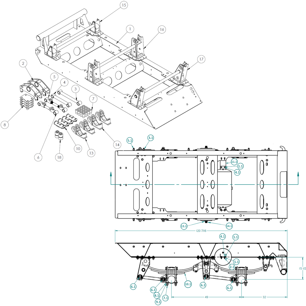 58018867-15, HIGH TENSILE FAB ASSEMBLY, SPRING RIDE 15" GALVANIZED THREE LEAF 102" WIDE W/ BOLT-ON HANGERS