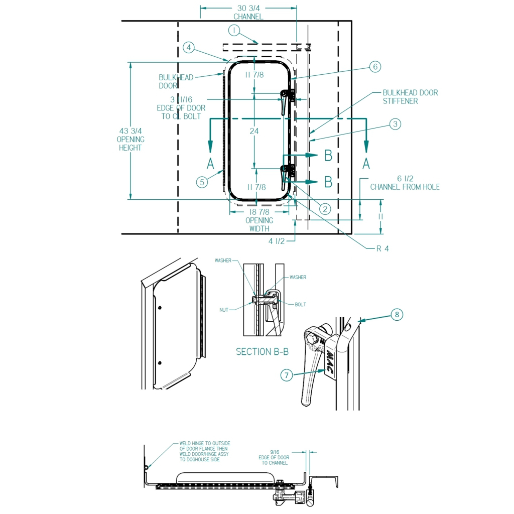 56003362 (RELATED PARTS) ALUMINUM BULKHEAD MANDOOR ASSEMBLY, DRIVER SIDE FOR DUMP TRAILERS, RECTANGLE STYLE