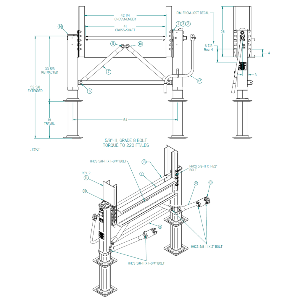 70002123-102, LANDING GEAR ASSEMBLY 102", FLATBED JOST A400, 19" CUSHION FOOT POWDER COAT
